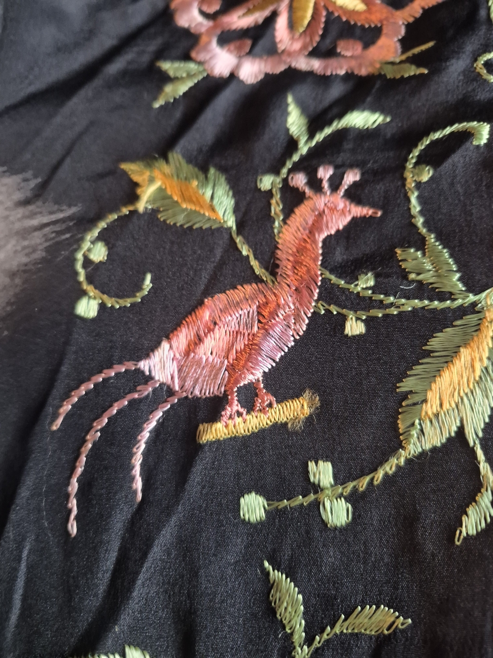 Large Black Floral Embroidered Fringe Silk Piano Shawl 4x4 - Picture 9 of 15